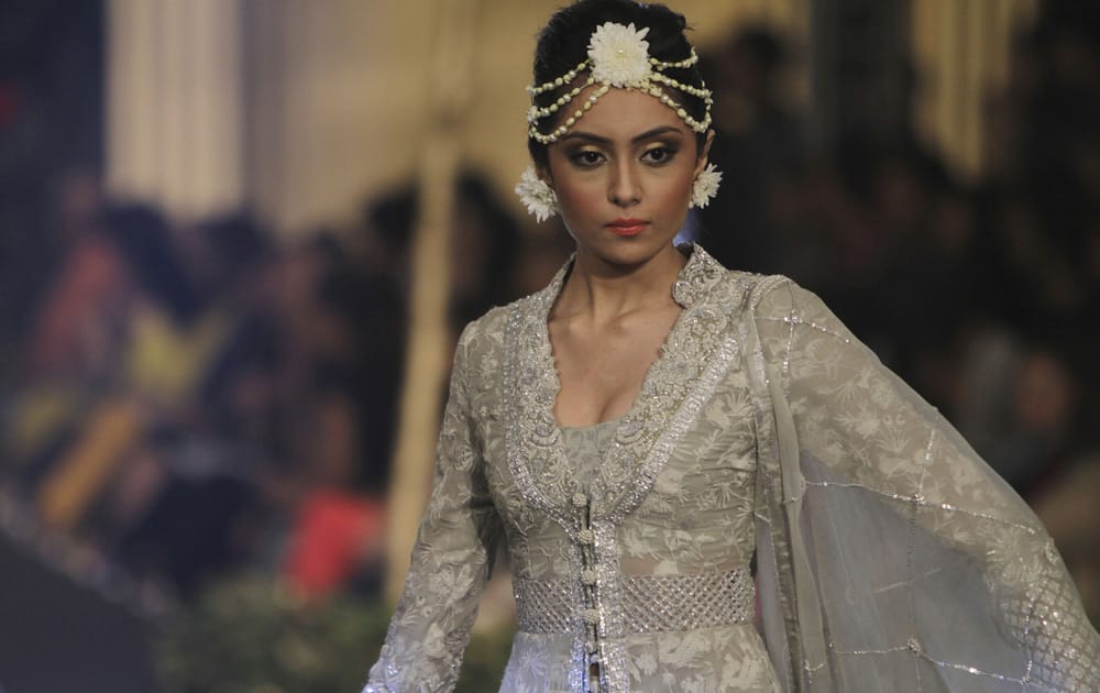 A Pakistani model displays creations by designer Elan during a Bridal Week organized by the Pakistan Fashion Design Council in Lahore.
