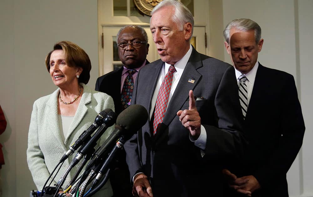 House Minority Leader Rep. Nancy Pelosi, D-Calif., from left, Assistant Minority Leader James Clyburn, D-S.C., Minority Whip Steny Hoyer, D-Md., and Rep. Steve Israel, D-N.Y., speak to members of the media outside the West Wing of the White House following their meeting with President Barack Obama in Washington.