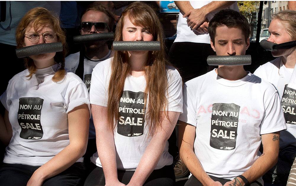 Protesters wear foam