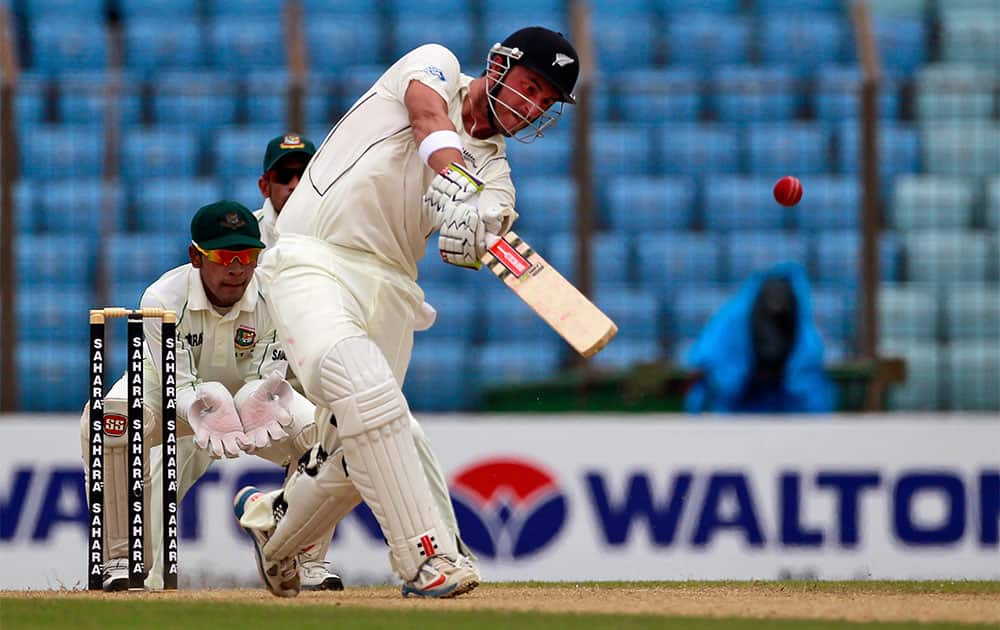 New Zealand`s Hamish Rutherford plays a shot on the first day of the Test match against against Bangladesh in Chittagong, Bangladesh.
