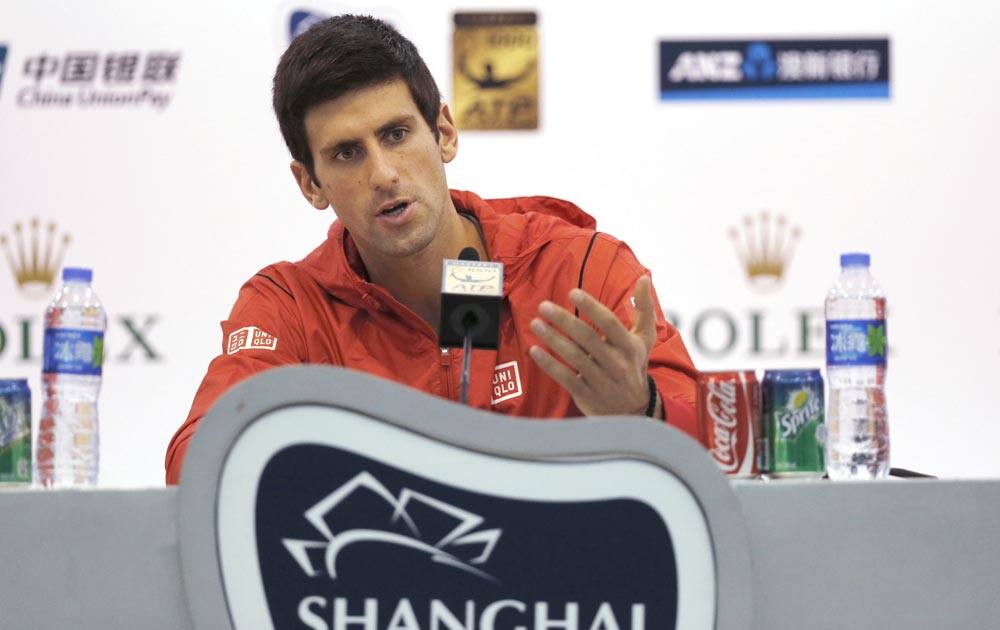 Defending champion Novak Djokovic of Serbia speaks during a press conference for the Shanghai Masters tennis tournament at Qizhong Forest Sports City Tennis Center, in Shanghai.