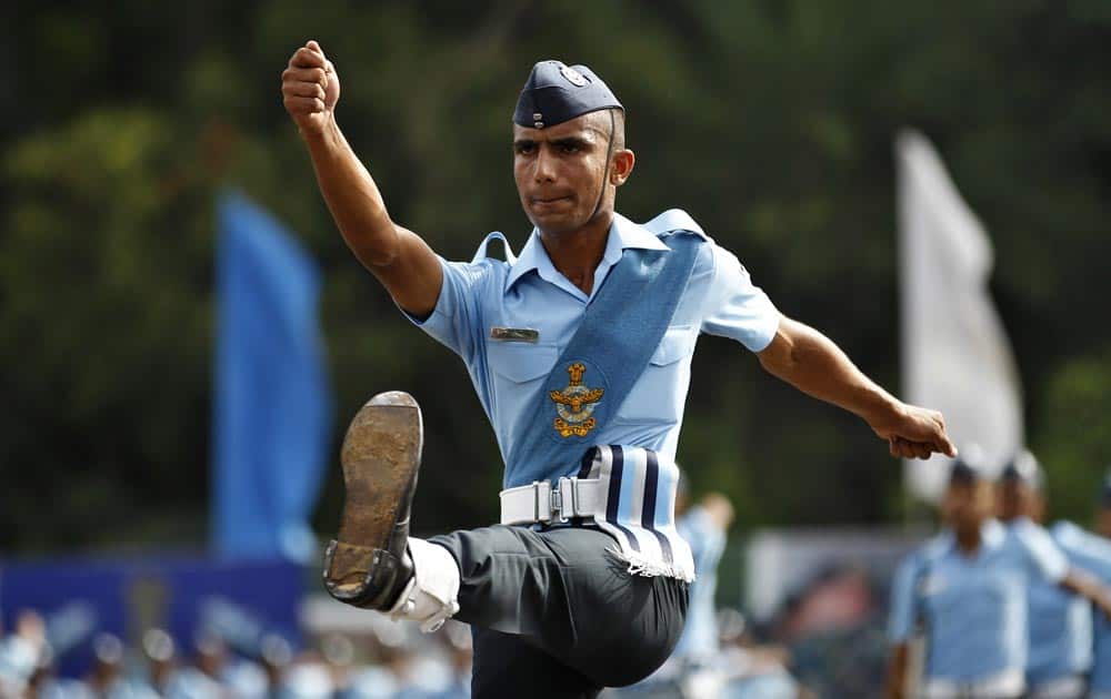 A parade commander of new recruits of the Indian Air Force (IAF) marches during their passing out parade ceremony in Bangalore.