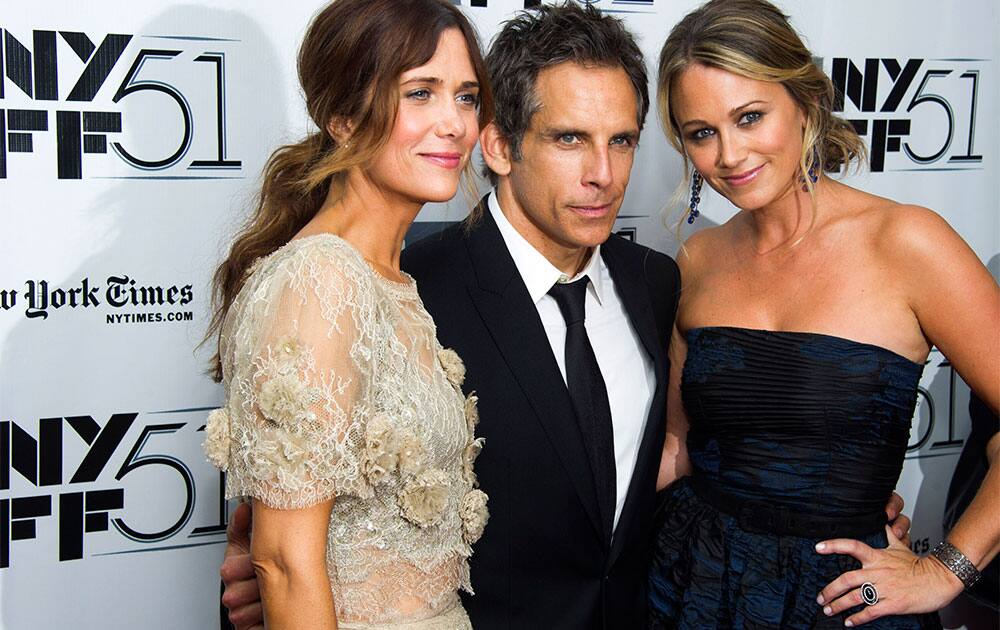 Kristen Wiig, left, Ben Stiller and Christine Taylor-Stiller attend the New York Film Festival premiere of