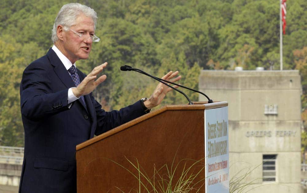 Former President Bill Clinton speaks at the 50th anniversary of the original dedication of Greers Ferry Dam near Heber Springs, Ark.