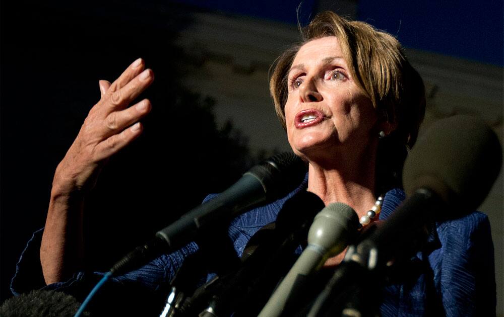 House Minority Leader Rep. Nancy Pelosi, D-Calif., speaks to reporters following a meeting with President Barack Obama and the Republican leadership at the White House in Washington.