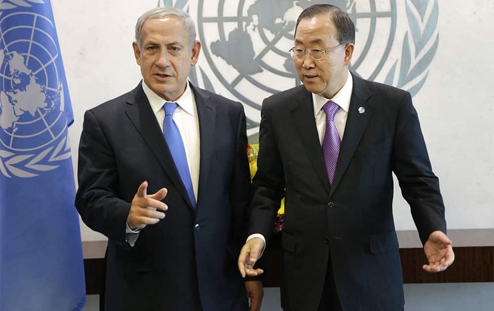 Israeli Prime Minister Benjamin Netanyahu, left, talks with United Nations Secretary-General Ban Ki-moon before a meeting during the 68th session of the General Assembly at UN headquarters.