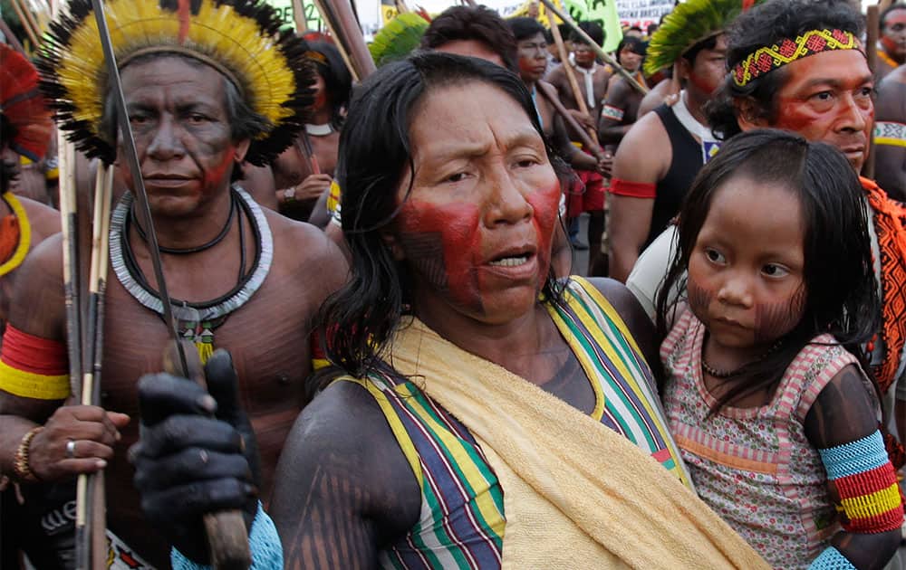 Indians from the Kayapo tribe gather for the the first day of the National Indigenous Mobilization protest in Brasilia.