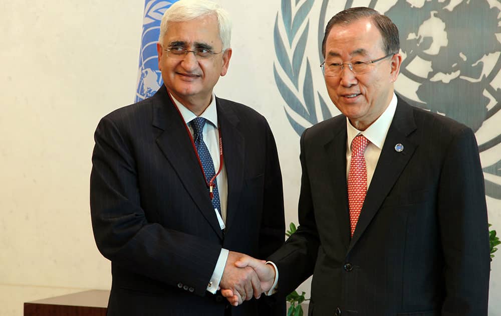 UN Secretary General Ban Ki-moon meets with Salman Khurshid foreign minister of India, at UN headquarters during the 68th session of UN General Assembly.