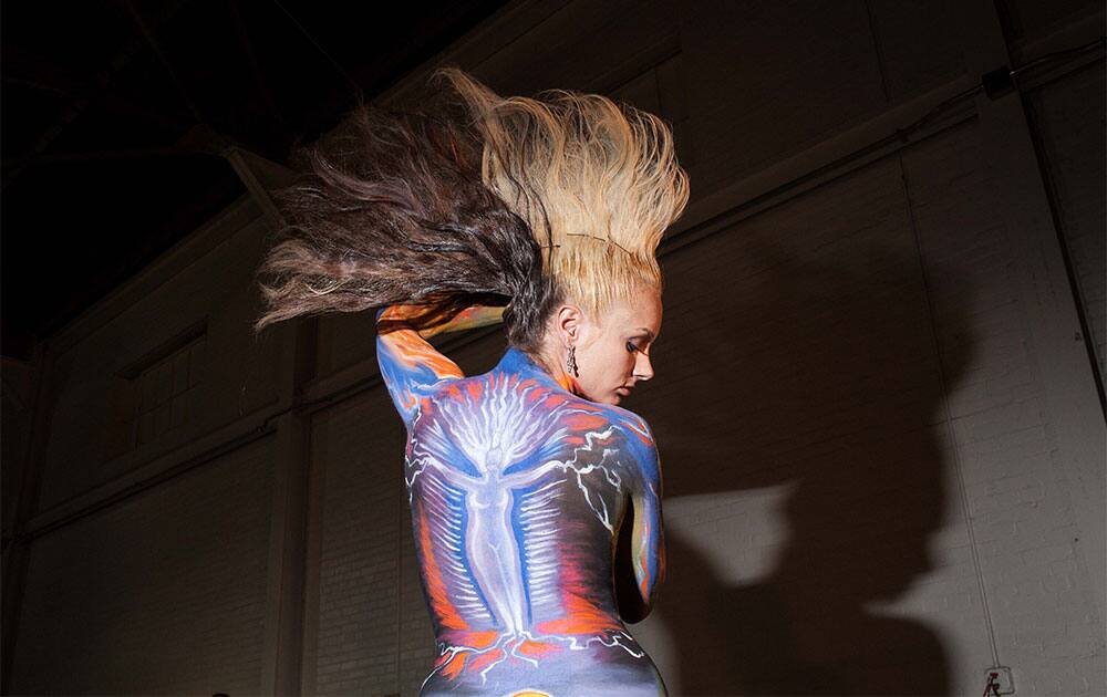 Model Michelle Corpe poses during the Living Art America - Bodies as a Work of Art body painting competition in Atlanta, Ga.