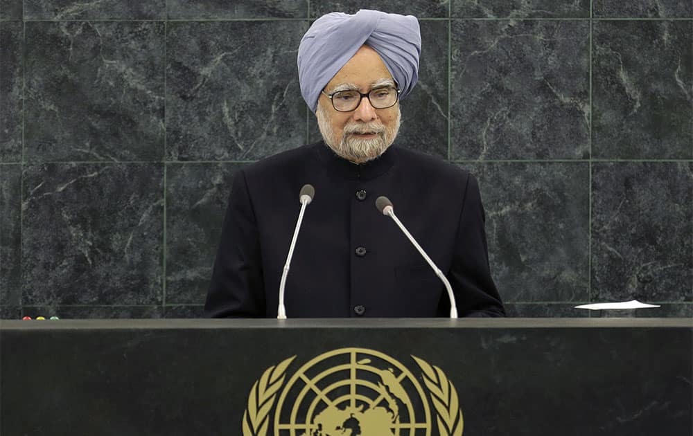 Indian Prime Minister Manmohan Singh speaks during the 68th session of the General Assembly at United Nations headquarters.