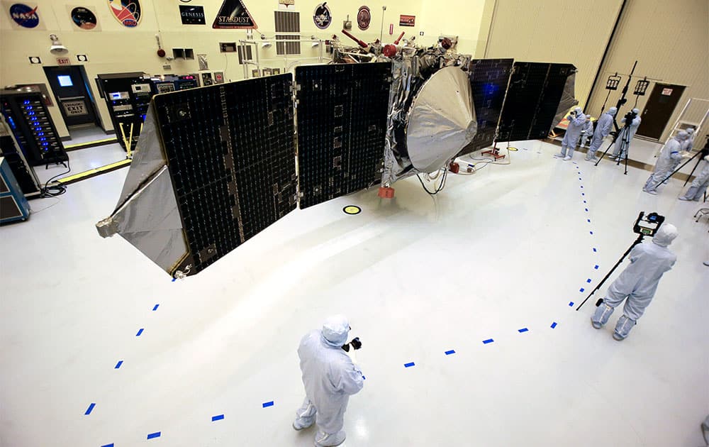 This photo shows NASA’s next Mars-bound spacecraft, the Mars Atmosphere and Volatile Evolution (MAVEN) at the Kennedy Space Center.