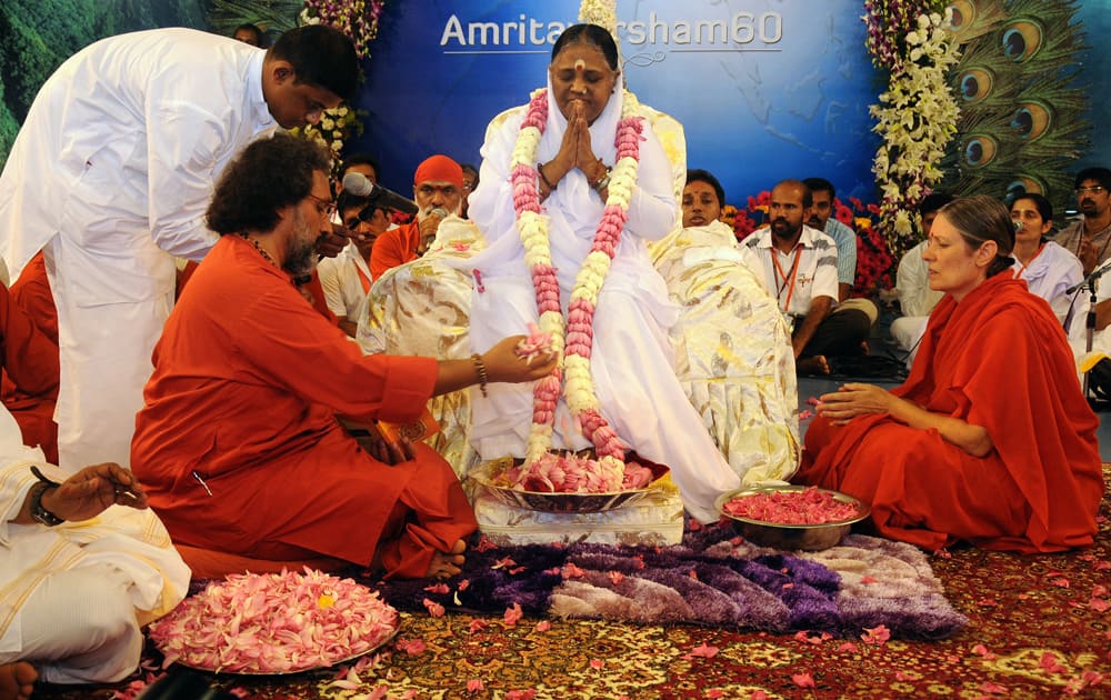 Spiritual leader Mata Amritanandamayi attends celebrations marking her 60th birthday at Vallikavu, near Kollam, Kerala.
