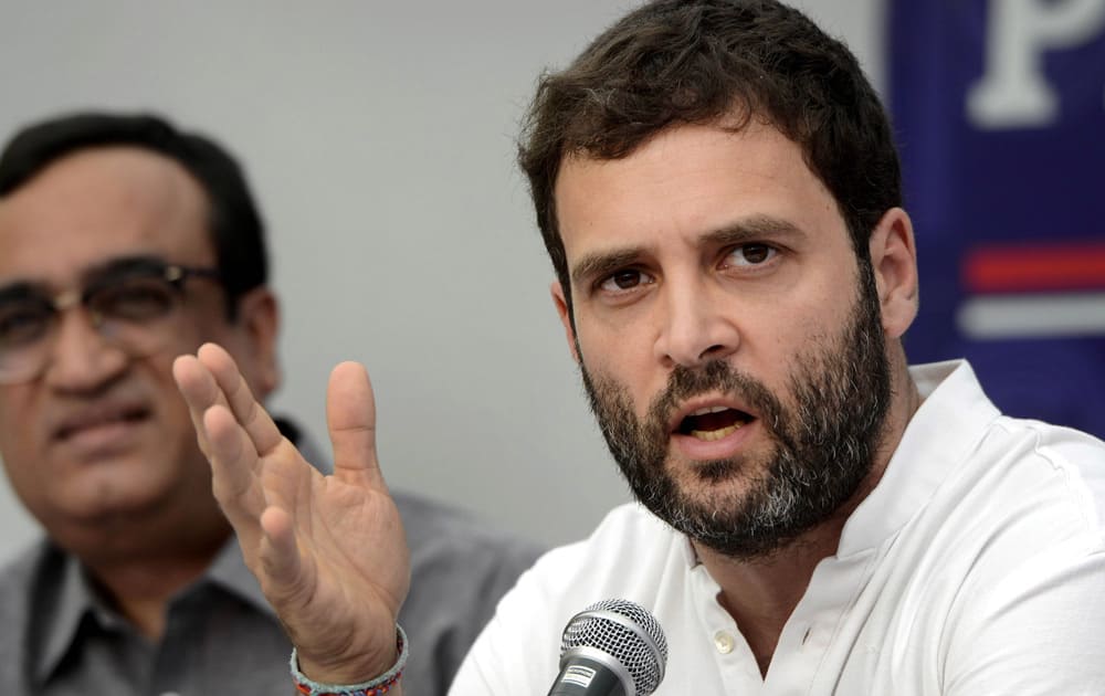 Rahul Gandhi addresses a press conference in New Delhi. Gandhi, the scion of India`s Nehru-Gandhi political dynasty, lashed out at the government Friday for proposing a law to protect convicted lawmakers from disqualification.