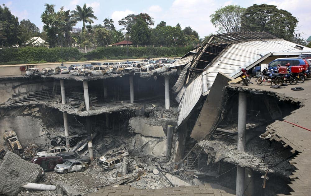 This photo released by the Kenya Presidency shows the collapsed upper car park of the Westgate Mall in Nairobi.