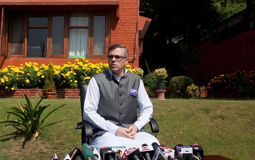 Jammu and Kashmir state Chief Minister Omar Abdullah addresses a press conference in Srinagar. Abdullah condemned the recent attack by terrorists in Kashmir.