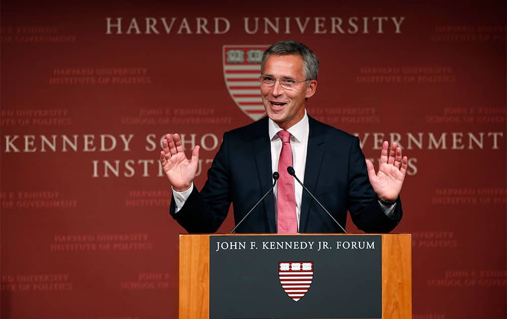 Jens Stoltenberg, prime minister of Norway, speaks at the John F. Kennedy School of Government`s Institute of Politics on the campus of Harvard University in Cambridge, Mass.