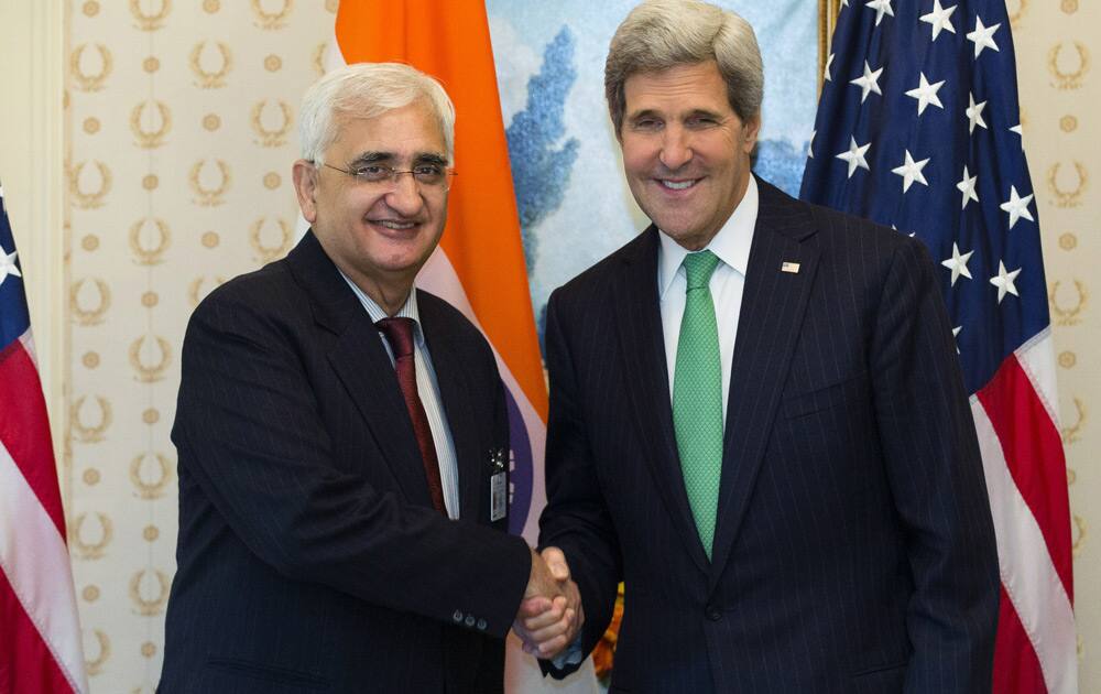 US Secretary of State John Kerry meets with Indian Foreign Minister Salman Khurshid during a bilateral meeting at the Waldorf Astoria Hotel during the 68th session of the United Nations General Assembly in New York.