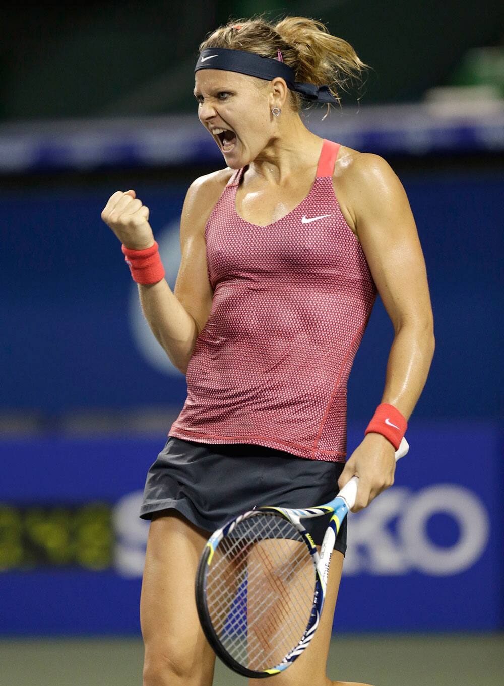 Lucie Safarova of the Czech Republic reacts after defeating Samantha Stosur of Australia during their third round match of the Pan Pacific Open tennis tournament in Tokyo. Safarova won 6-4, 6-4.