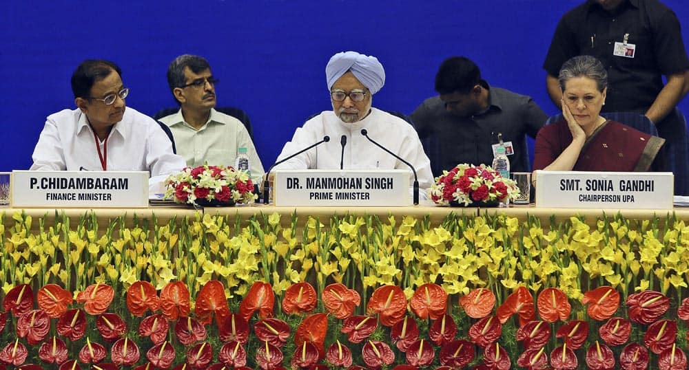 Manmohan Singh, Sonia Gandhi and Finance Minister P. Chidambaram listen to a speech during the 16th National Integration Council meeting, in New Delhi.