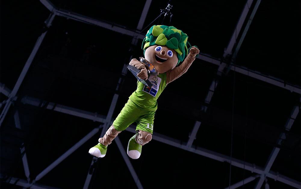 The tournament mascot Lipko arrives with the trophy for winners of the EuroBasket European Basketball Championship in Ljubljana, Slovenia.