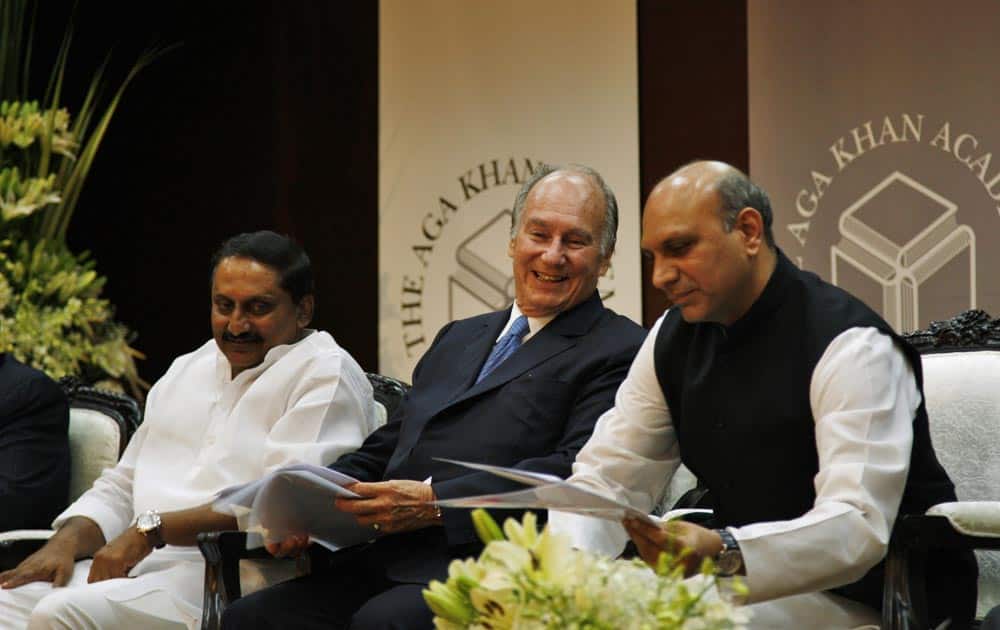 The Aga Khan, spiritual head of Ismaili Muslims, centre, smiles as he attends the inauguration ceremony of the Aga Khan Academy with Andhra Pradesh state Chief Minister N. Kiran Kumar Reddy and Minister for Human Resources Development M.M. Pallam Raju in Hyderabad.