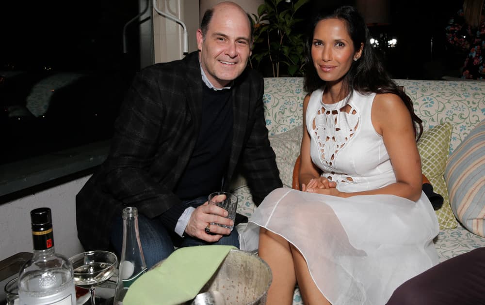 Matthew Weiner and Padma Lakshmi attend The Hollywood Reporter celebration of the Emmy nominees and new fall TV season presented by Samsung Galaxy, Asos, Porsche, Pandora and Ketel One at Soho House in West Hollywood, Calif.
