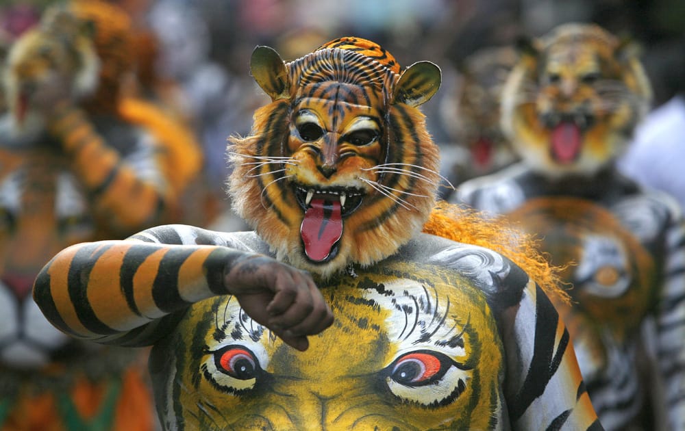 An artist performs the annual `Pulikali` or Tiger Dance in Thrissur, in Kerala. Pulikali is a folk art performed to entertain people during Onam, a harvest festival.