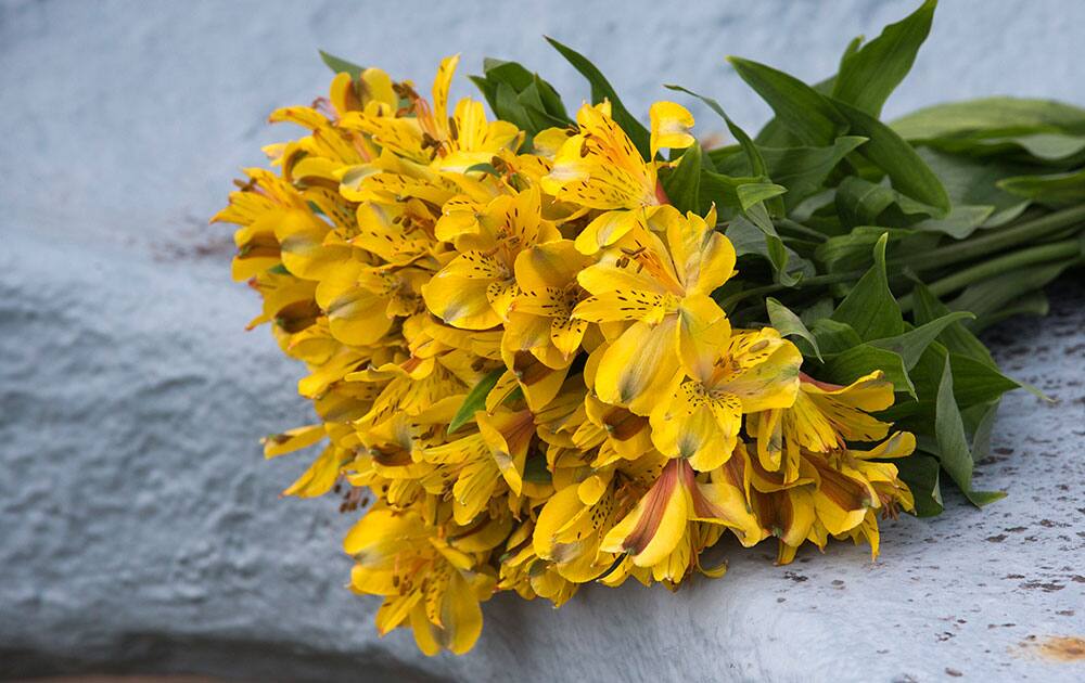 A bouquet of flowers from a man who would identify himself only as a Navy Yard employee rest on an anchor outside of the closed Washington Navy Yard in Washington.