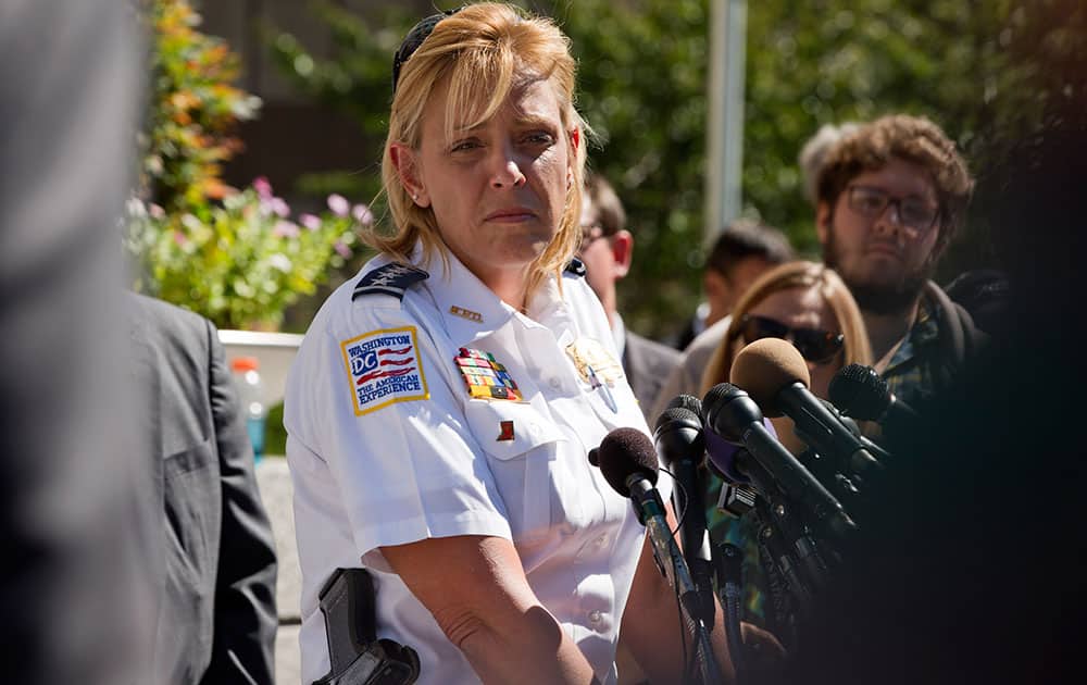 Washington Metropolitan Police Chief Cathy Lanier listens to a question at a news conference about the shootings at the Washington Navy Yard, while outside of the FBI Washington Field Office, in Washington, on Tuesday, Sept. 17, 2013, the day after the shootings at the Navy Yard.