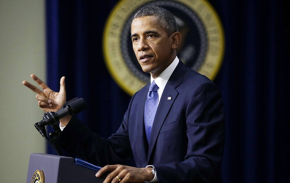 President Barack Obama speaks in the South Court Auditorium on the White House complex in Washington.