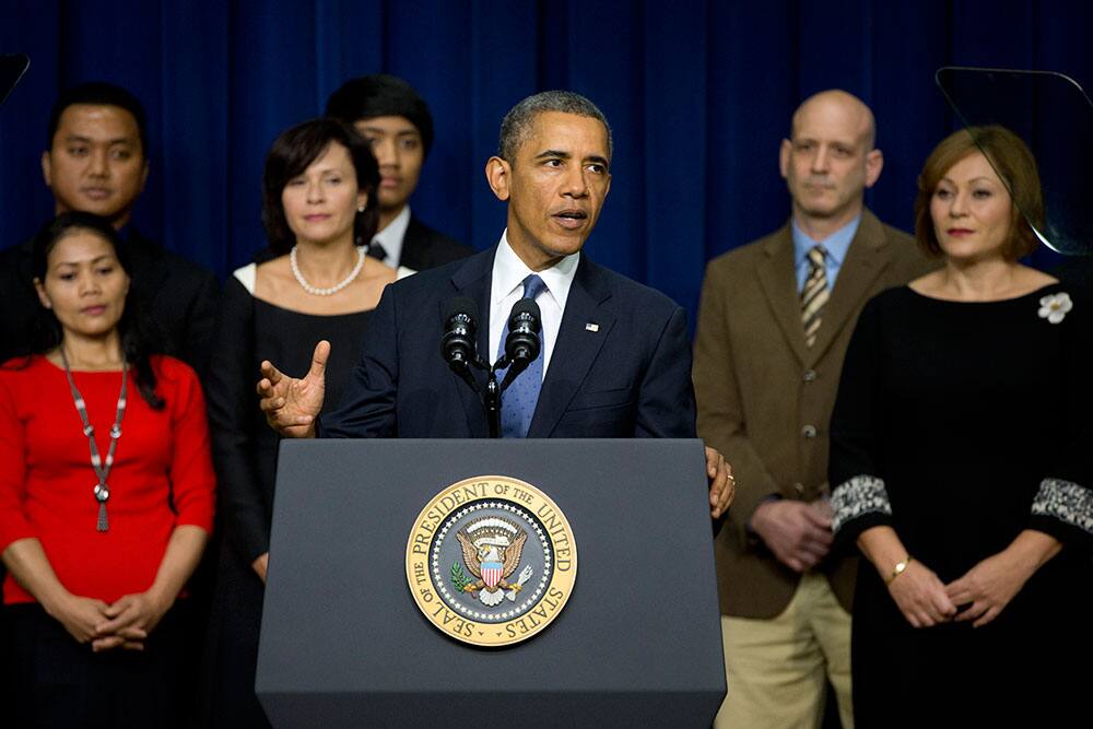 President Barack Obama speaks in the South Court Auditorium on the White House complex, in Washington. Before speaking about the economy Obama commented on the WashingtonNavy Yard shooting.