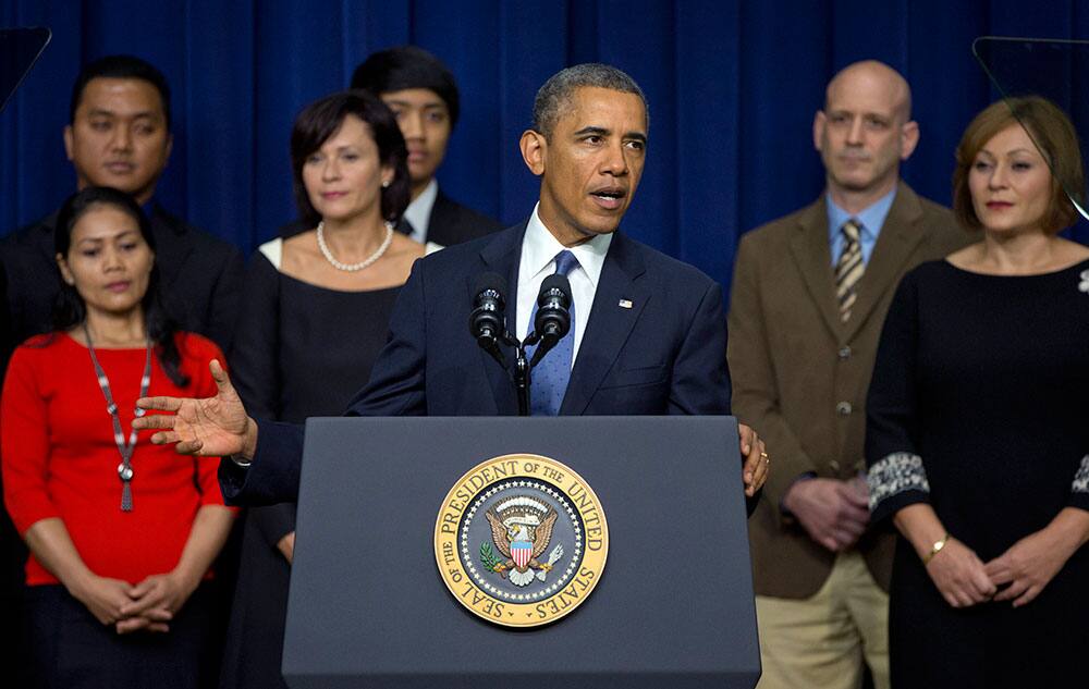 President Barack Obama speaks about the shooting at the Washington Navy Yard in the South Court Auditorium on the White House complex in Washington.
