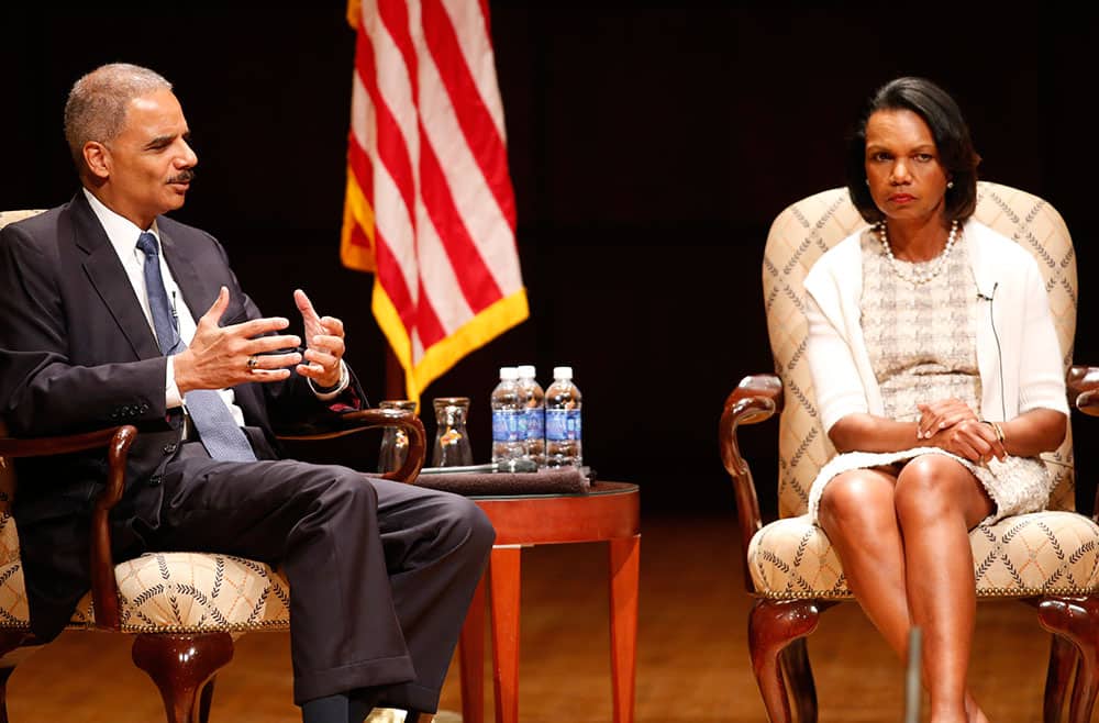 United States Attorney General Eric Holder, and former US Secretary of State Condoleezza Rice participate in a discussion, moderated by UAB President Ray L. Watts,