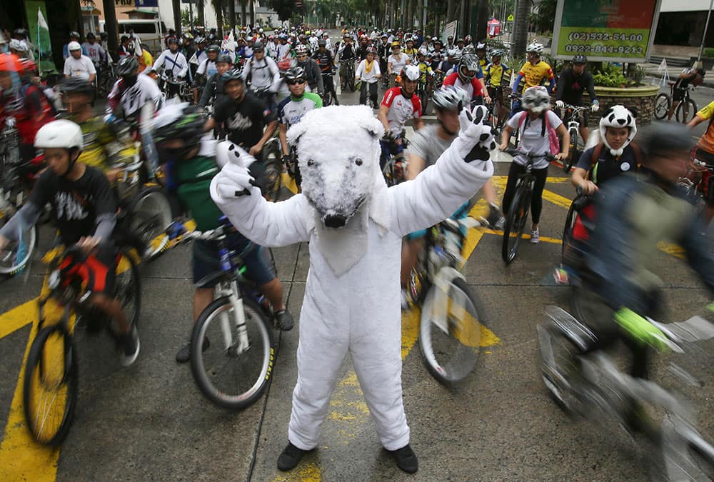 A protester dressed in a polar bear costume poses for photographers during the start of a mass bike ride in Quezon city, Philippines to declare support to the worldwide movement calling for Arctic protection.