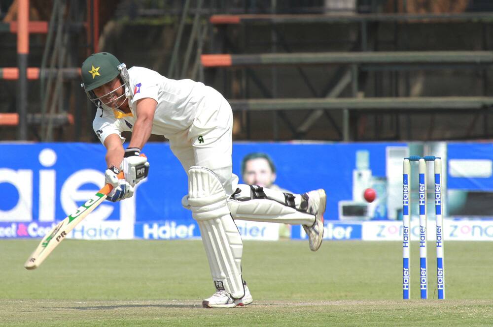 Pakistan batsman Younis Khan plays a shot on the second day of the test match against Zimbabwe at Harare Sports Club in Harare.