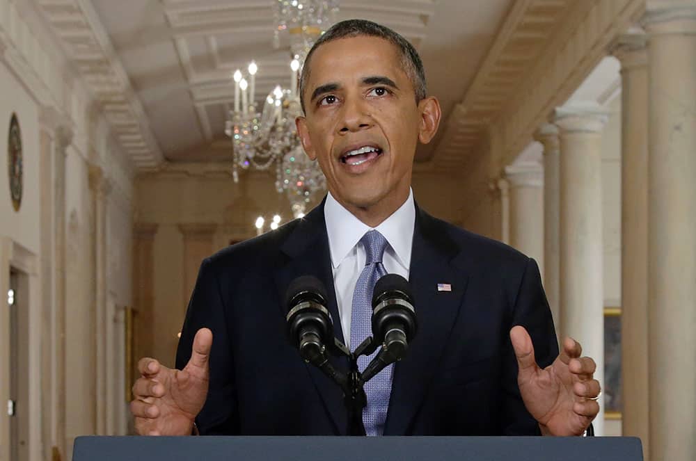 President Barack Obama addresses the nation in a live televised speech from the East Room of the White House in Washington.
