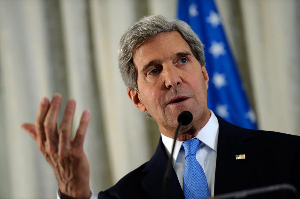 US Secretary of State John Kerry answers a question during a news conference at the United States Embassy in Paris.