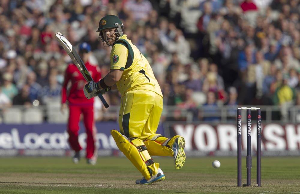 Australia`s Aaron Finch plays a shot off the bowling of England`s Boyd Rankin during their One Day International cricket match at Old Trafford cricket ground, Manchester, England.