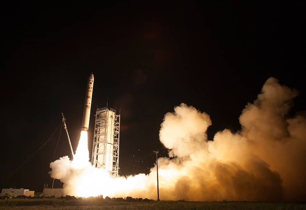 An unmanned Minotaur rocket carries NASA`s newest robotic explorer, the LADEE spacecraft, which is charged with studying the lunar atmosphere and dust, after launching to the moon from NASA`s Wallops Flight Facility on Virginia`s Eastern Shore.