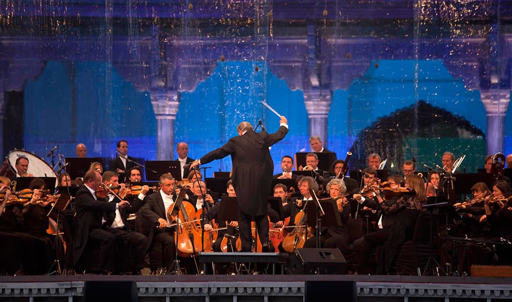 Indian-born orchestra conductor Zubin Mehta performs during the Ehsaas-e-Kashmir concert at Shalimar Garden on the outskirts of Srinagar.