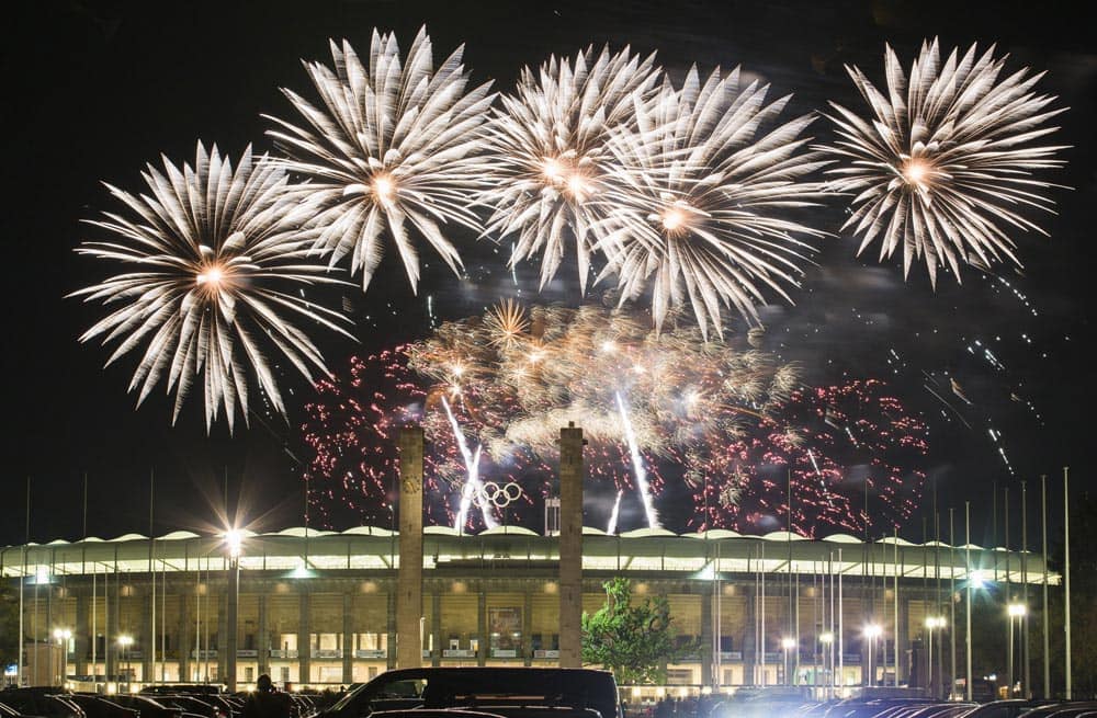 Fireworks explode above Olympic stadium during the Pyronale festival, a two-day pyrotechnics competition featuring international teams from six countries, in Berlin, Germany.