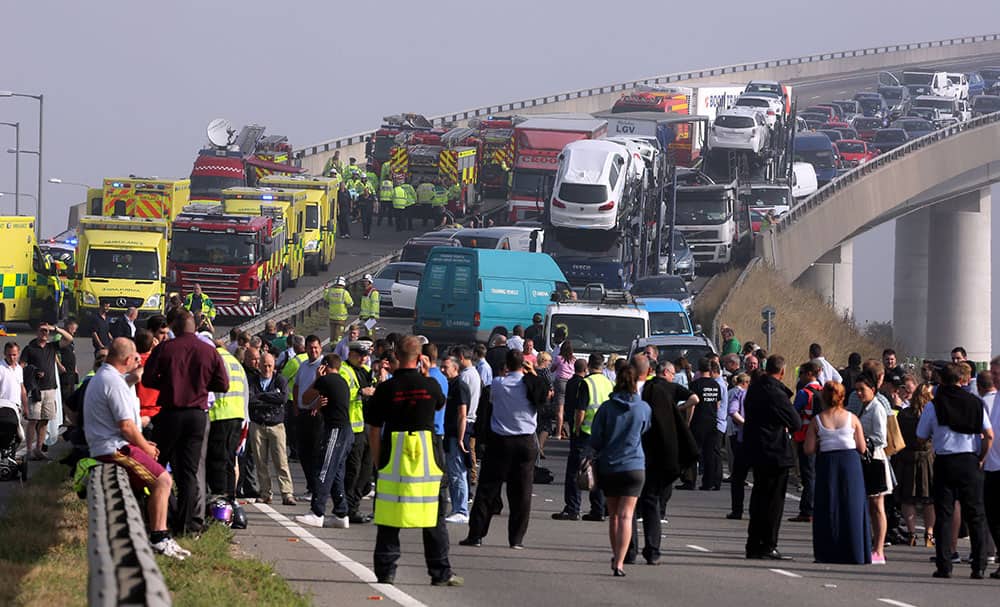 A general view of the scene on the London bound carriageway of the Sheppey Bridge Crossing near Sheerness in Kent, south England, following a multi vehicle collision earlier this morning.