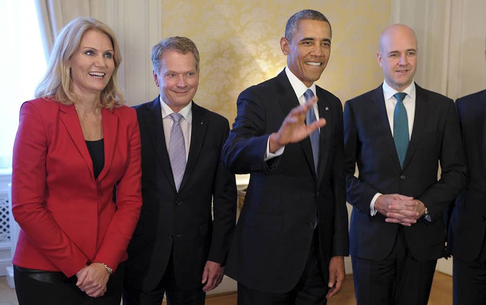 Danish Prime Minister Helle Thorning-Schmidt , Finnish President Sauli Niinistö, US President Barack Obama and Swedish Prime Minister Fredrik Reinfeldt during the Nordic Dinner in Stockholm, Sweden.