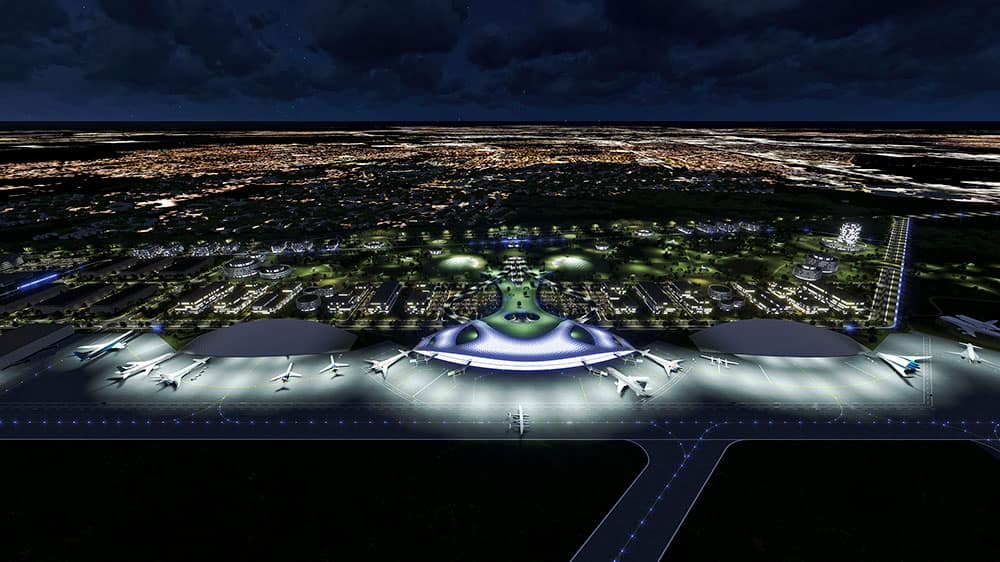 This drawing provided by the Houston Airport System various facets of the proposed spaceport in Houston.