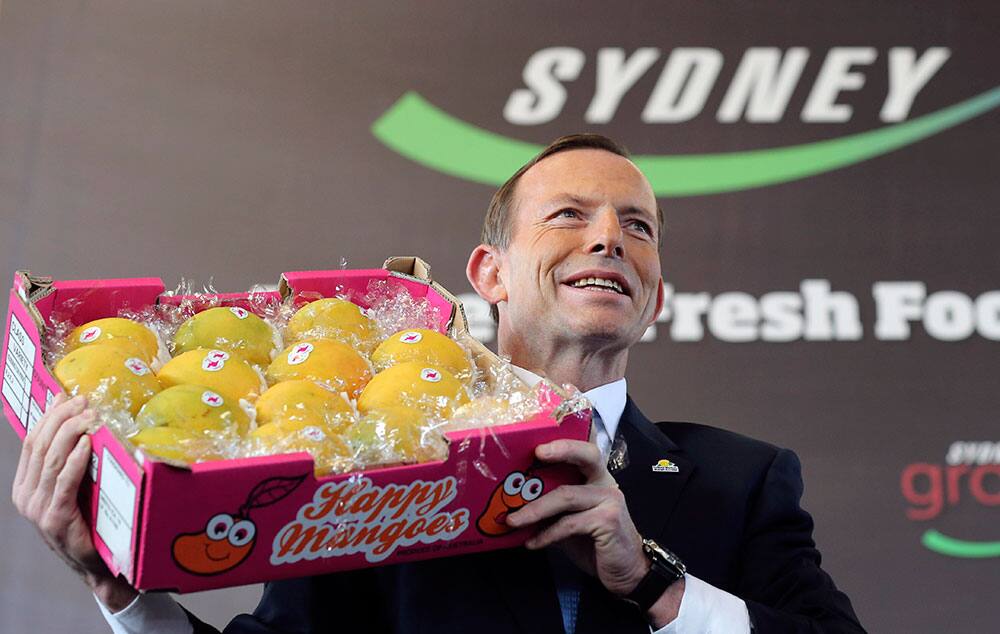 Australia`s opposition leader Tony Abbott holds up a box of mangos as he walks through the Sydney Markets at Flemington in Sydney, Australia.