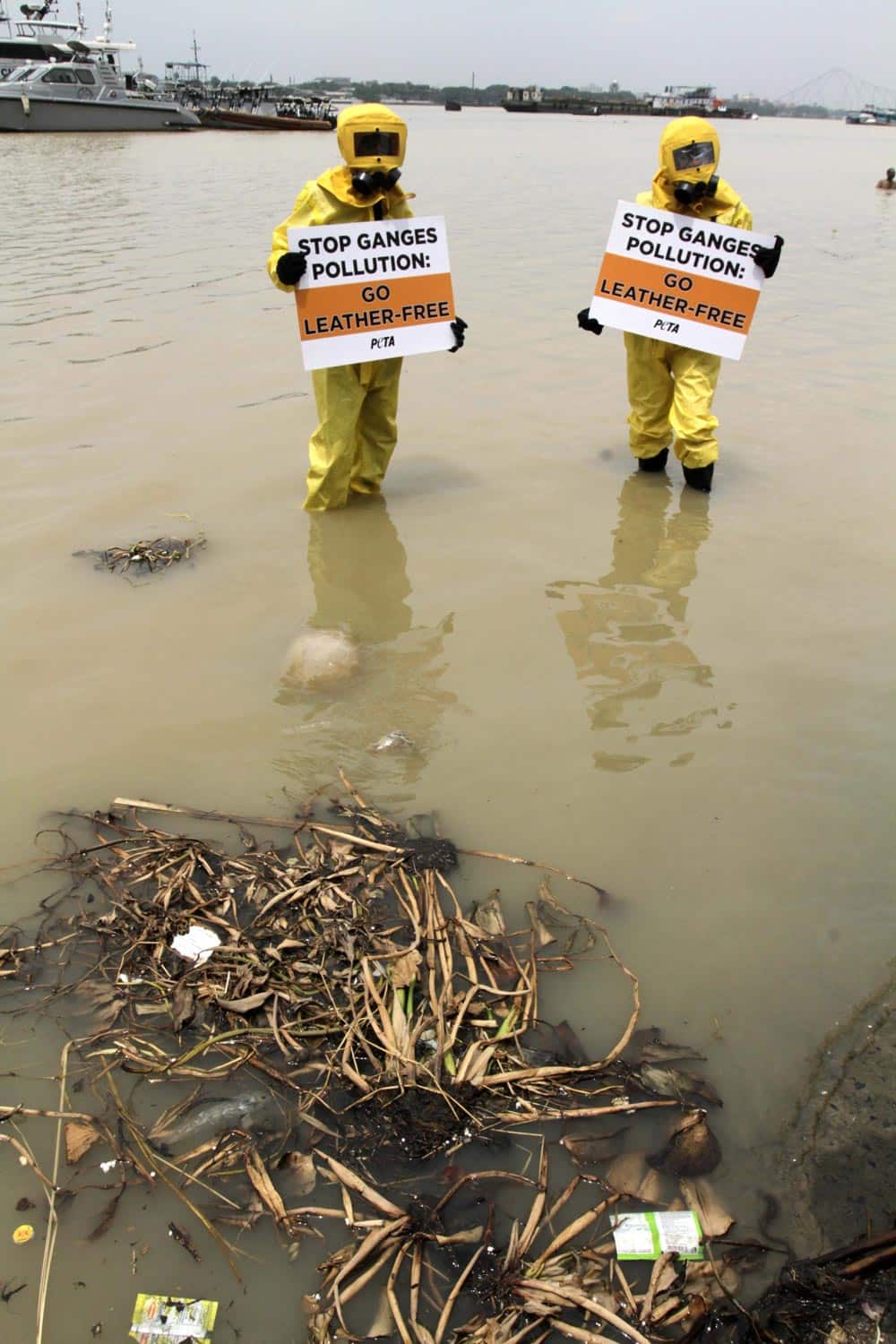 Activists of People for the Ethical Treatment of Animals (PETA) wearing biohazard suits stand in the Ganges river holding posters to protest the pollution of the river by the leather industry in Kolkata.