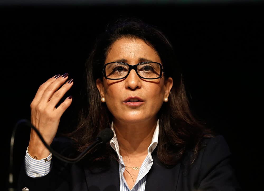 Nawal El Moutawakel, head of the IOC Evaluation Commission, talks with the media during a press conference in Rio de Janeiro, Brazil.