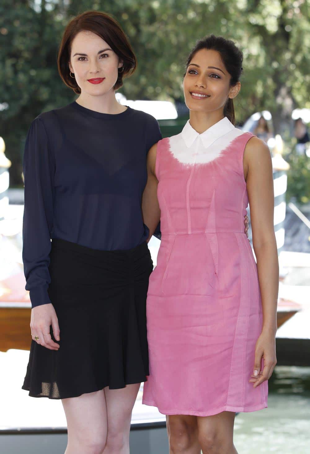 Actresses Michelle Dockery and Freida Pinto arrive at the 70th edition of the Venice Film Festival in Venice.