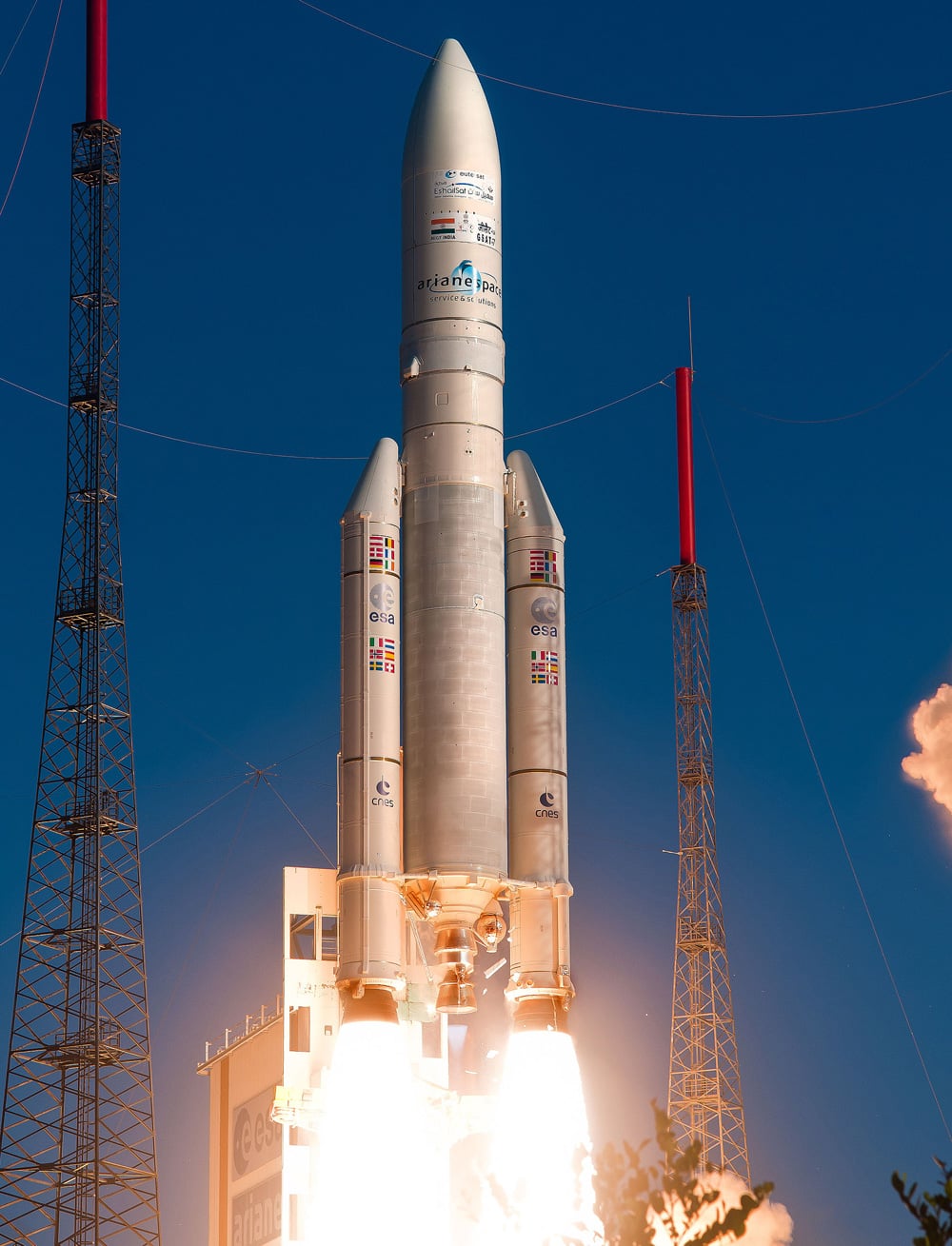 An Ariane 5 rocket is launched in Kourou, French Guiana. India’s first exclusive defence satellite, the GSAT-7, was successfully launched, and according to news reports the satellite is expected to give a major push to the country’s maritime security.