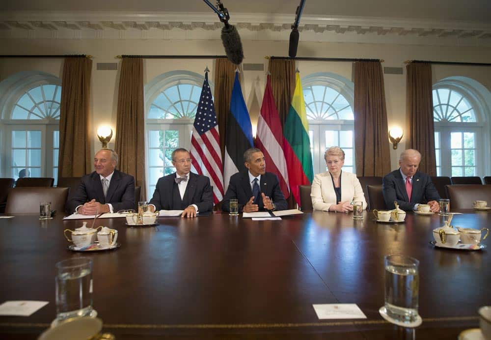 President Barack Obama speaks to members of the media during his meeting with Baltic leaders, from left, Latvian President Andris Berzins, Estonian President Toomas Hendrik Ilves, Lithuanian President Dalia Grybauskaite, and Vice President Joe Biden in the Cabinet Room of the White House in Washington.